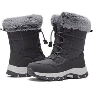 Women's Grey Warm Waterproof Winter Boots Mid Calf Insulated Snow Boots